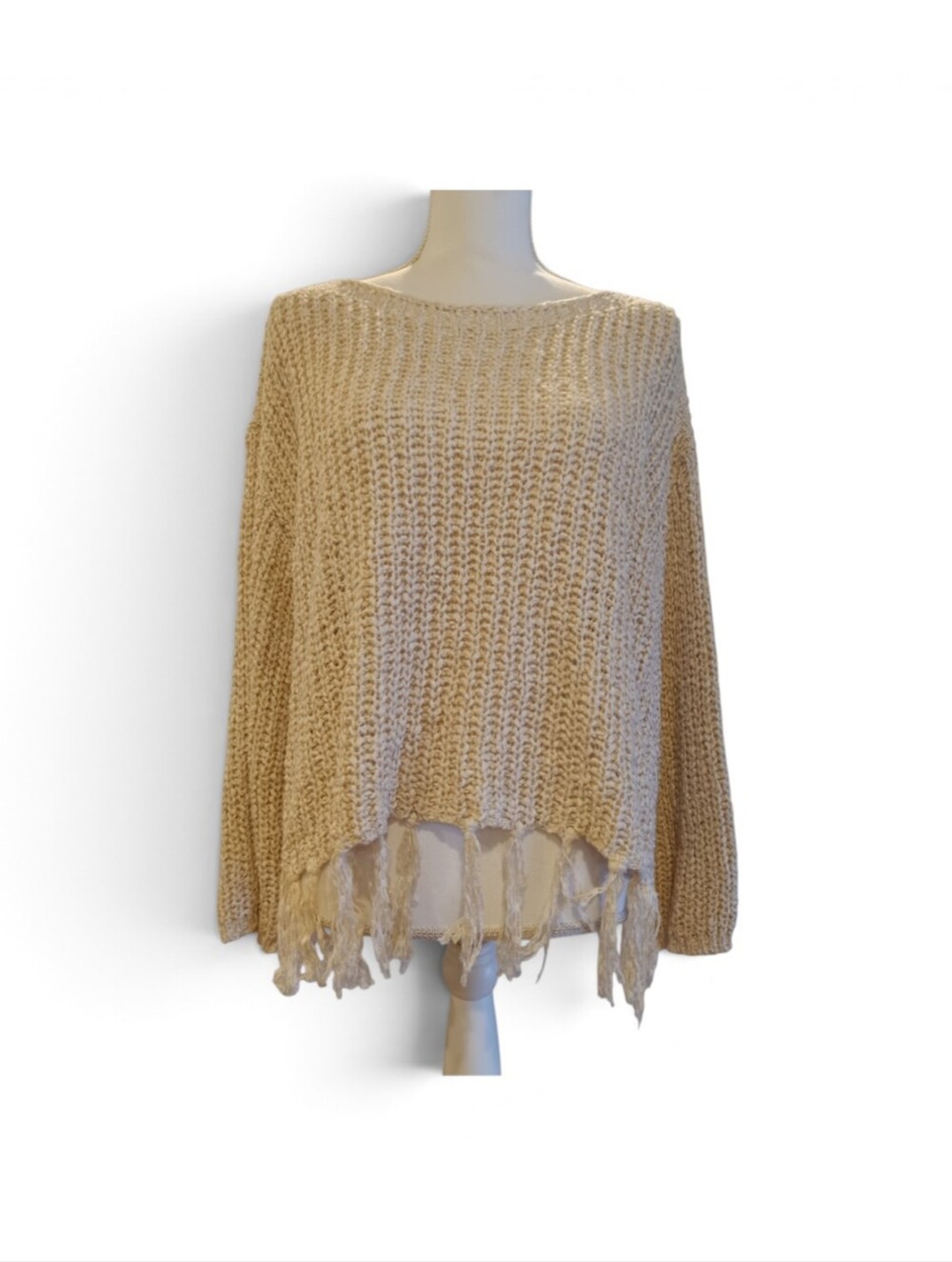 Altar'd State Beige Oversized Open Knit Fringe Bottom Boho Sweater Medium